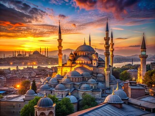 Fototapeta premium Panoramic Sunset Istanbul Skyline: Illuminated Mosques & Minarets