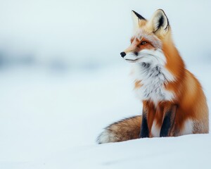 Obraz premium Charming red fox sitting calmly in the snowy landscape surrounded by a winter wonderland setting