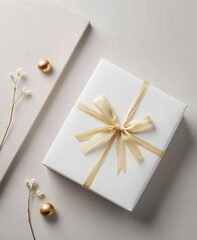 White Gift Box with Gold Ribbon and Decorations, Gift Box Mockup, Gift boxes mockup, Wrapping Paper Mockup