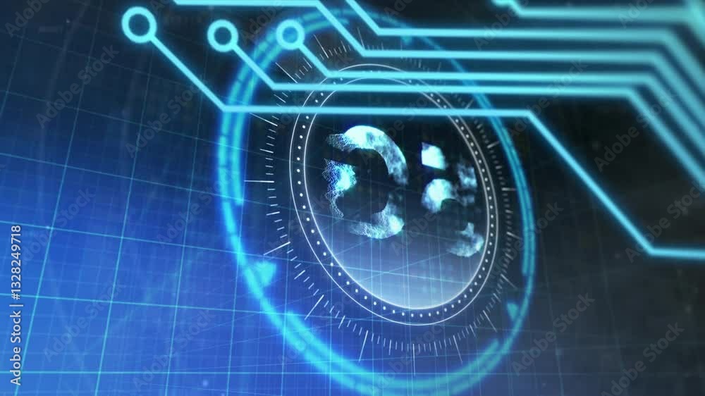 Poster animation of rotating globe with circuit patterns on futuristic digital interface