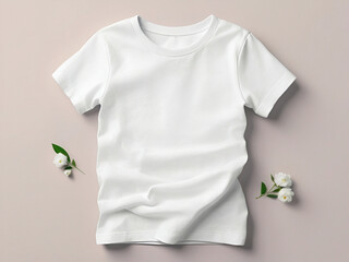 White Kids T-Shirt Mockup with Flowers and Minimal Studio Photo of Kid Child's Tshirt for Mockups