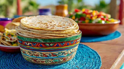 Warm Tortillas in Colorful Bowl Outdoor Setting