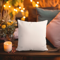 Mockup Pillow with Candle, Flowers, and Fairy Lights, White pillow, warm background