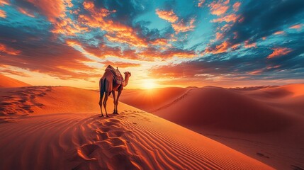 Fototapeta premium Majestic Camel Standing on Dune at Sunset with Colorful Sky in Desert Landscape