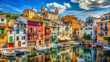Panoramic View: Colorful Doors, Whitewashed Houses, Costa Brava Fishing Village, Girona, Catalonia, Spain