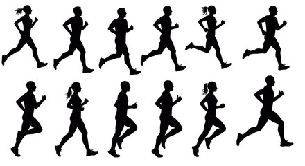 Run, set of running people, vector silhouettes. Group of men and women runners ,isolated on transparent background

