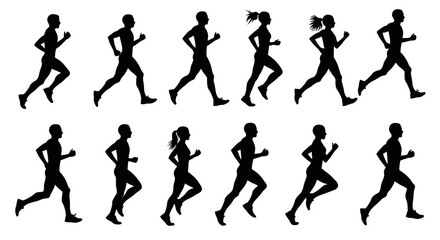 Run, set of running people, vector silhouettes. Group of men and women runners ,isolated on transparent background

