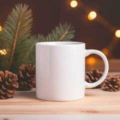 White Mug Christmas Mockup with Pine Cones & Lights