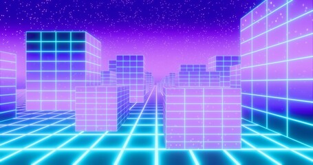 Futuristic glowing neon wireframe background. Shining grid planes and buildings in perspective. Bright retro digital horizon against starry sky. 3D rendering.