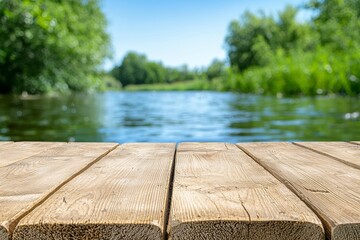 Rustic Wooden Dock Overlooking a Calm River with Lush Green Foliage