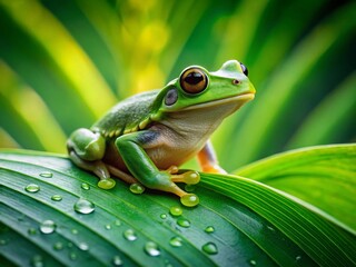 Obraz premium Panoramic View of a Tiny Frog Perched on a Lush Green Leaf