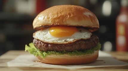 Close-up of a delicious burger with a fried egg on top, served on a wooden board.