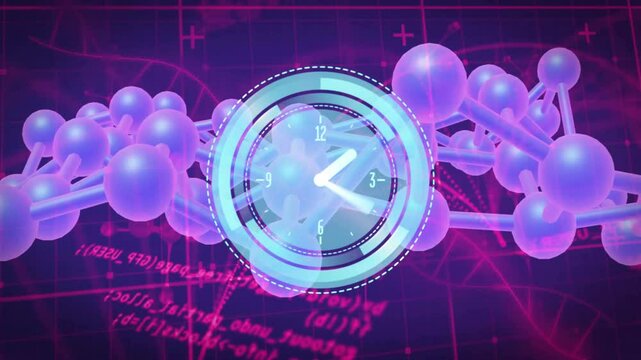 Clock animation over molecular structure with mathematical equations in background
