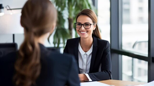 Smiling businesswoman conducting an HR interview in a modern office  