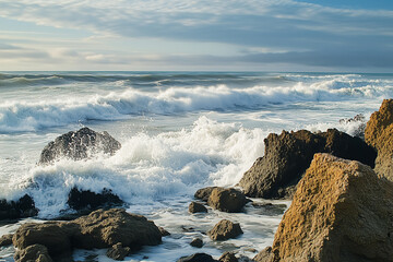Obraz premium ocean waves crashing on the sun lit rocks 