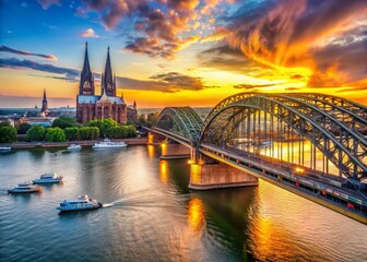 Obraz premium Panoramic View of Hohenzollern Bridge Cologne Germany with Boats on Rhine River