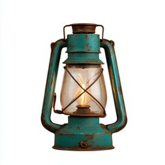 Rustic Teal Blue Metal Lantern with Glowing Lightbulb