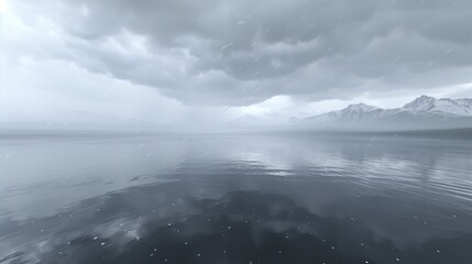 A calm lake reflecting the gray, cloudy sky above, with scattered raindrops on the water's surface and mountains in the distance.