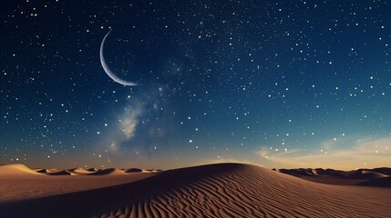 A crescent moon hanging low in the sky above a quiet desert, with a multitude of stars shining brightly and casting soft light on the sand dunes below.