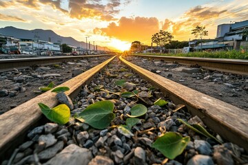 Naklejka premium Sunset Over Abandoned Train Tracks with Wild Green Leaves on Gravel Pathway