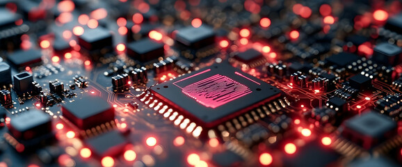 Obraz premium Close Up Of Electronic Circuit Board With Glowing Red Chip