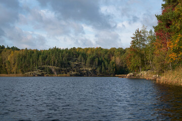Lake Ladoga near the village Lumivaara on a sunny autumn day, Ladoga skerries, Lakhdenpokhya, Republic of Karelia, Russia