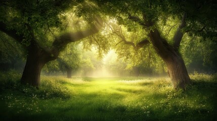 Obraz premium A serene field dotted with tall, lush trees, their vibrant green leaves filtering the warm sunlight, creating a dappled pattern of light and shadow on the soft grass below.
