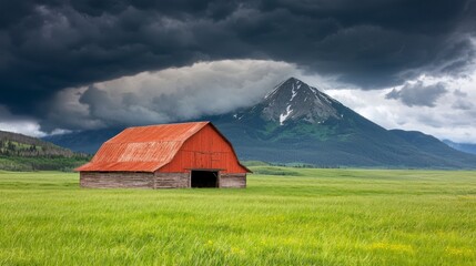 Rustic Red Barn in Green Field Under Dramatic Storm Clouds and Mountain Peak