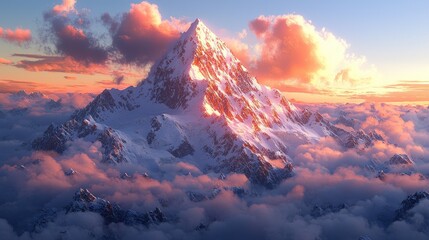 Majestic snow-capped peak at sunset, above clouds.
