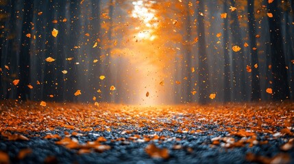 Autumn leaves falling on forest path.