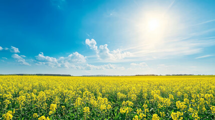 Obraz premium vibrant field of yellow flowers stretches to horizon under clear blue sky, sun radiating warmth and serenity across landscape