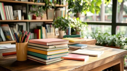 Cozy Workspace with Colorful Books and Stationery on a Desk