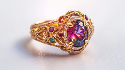 A magnificent rainbow-colored gemstone ring with intricate details, isolated on a pure white surface.