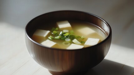 traditional Japanese miso soup with tofu and scallions.