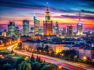 Obraz premium Panoramic Warsaw Cityscape at Night - Long Exposure Photography