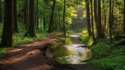 Obraz premium forest trail that curves around a small, shimmering stream, the sound of the water creating a calm atmosphere.