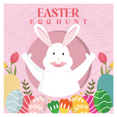 Easter egg hunt poster with colorful eggs and flowers.