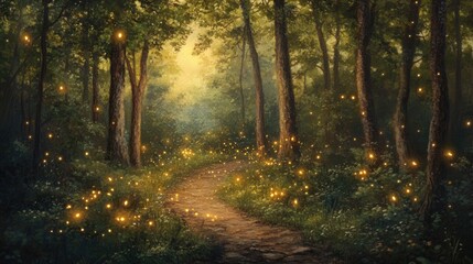 hidden forest trail where fireflies dance at dusk, illuminating the path with soft golden light.
