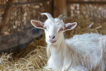 Fototapeta premium Flawless Picture of Portrait of a White Goat in the Barn