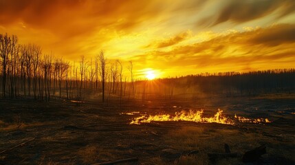 the powerful contrast of a golden sunrise over a burned forest.