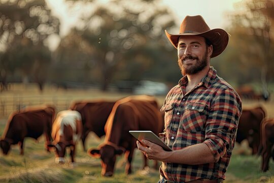 Portrait of Cattleman Farmer Standing in Front of Cows and Holding Tablet at the Farm