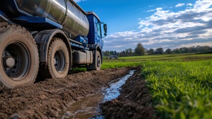 Truck driving through muddy rural lane