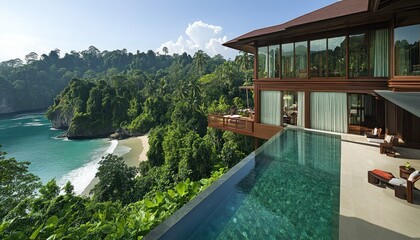 Fototapeta premium Luxurious Villa Overlooking Tropical Beach with Infinity Pool and Scenic Landscape