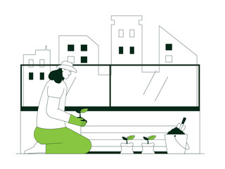 Planting plant seedlings on the balcony of the house by planting them in a wooden box. Urban Farming illustration. Flat vector illustration concept.