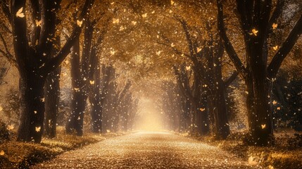 Obraz premium magical path lined with silver-leafed trees, where the air shimmers with floating golden dust.