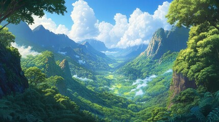 valley filled with rain trees, where their leafy canopy creates a vast ocean of green below a clear blue sky