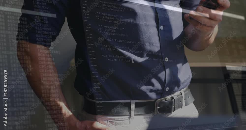 Poster holding smartphone with computer code overlay, person exploring animation in school