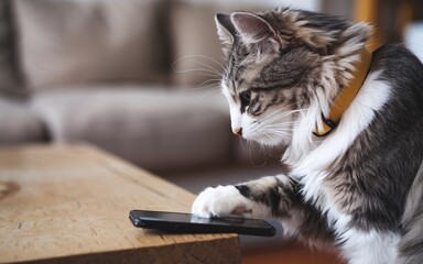 Fototapeta na wymiar Pet Influencer, Curious cat using phone at home (1)