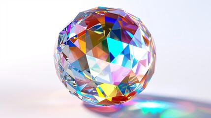 Obraz premium A sparkling multi-colored crystal ball, reflecting light from every angle, set on a white background.