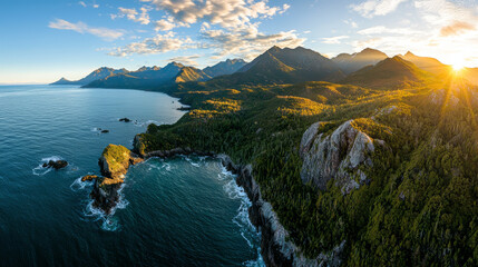 Obraz premium stunning aerial view of majestic mountain range meeting vast ocean, illuminated by golden sunlight, evokes feelings of serenity and freedom